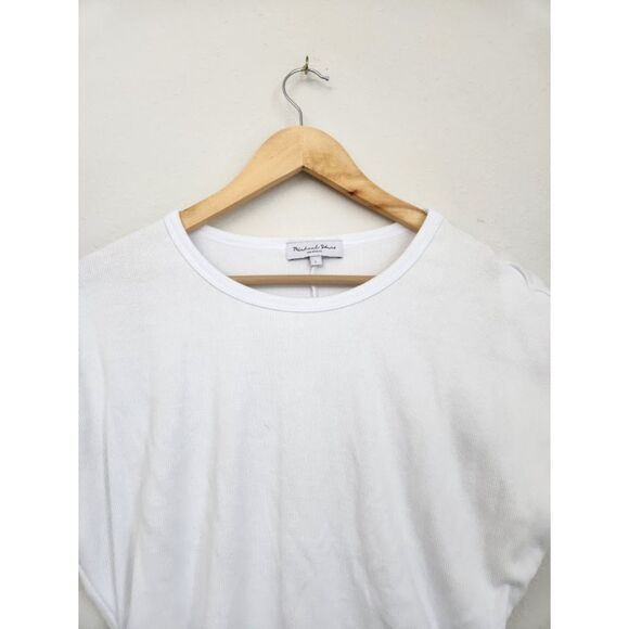 Michael Stars White Ruched Ribbed Cap Sleeve Top | Size L - Picture 2 of 9